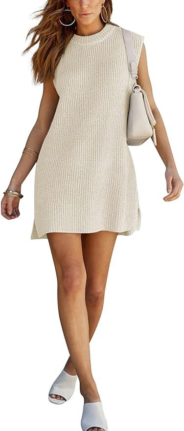PEHMEA Women's Sleeveless Knit Sweater Dress 2024 Summer Knitted Crew Neck Bodycon Slit Mini Tank... | Amazon (US)