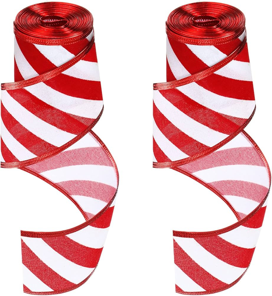 Dilunave 2 Rolls 2.5 Inchx6 Yards Red & White Ribbon Christmas Wired Edge Ribbon DIY Craft Ribbon... | Amazon (US)