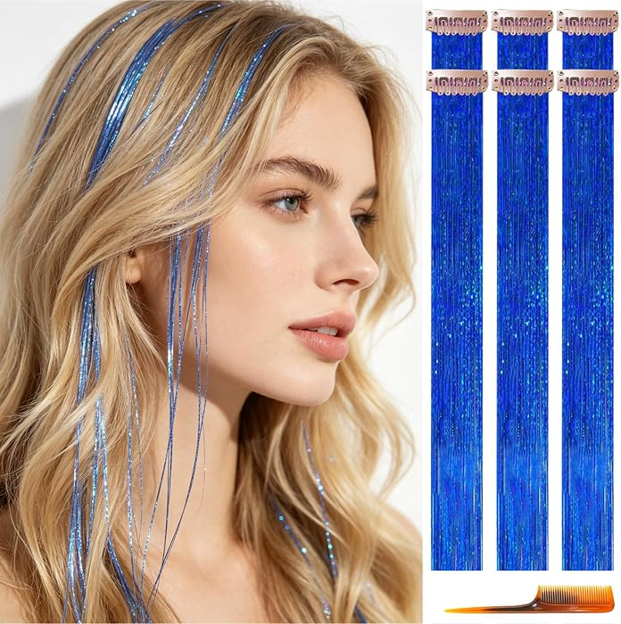 Celinabella Royal Blue Clip-in Hair Tinsel 6PCS 23" Heat Resistant Game Day | Amazon (US)
