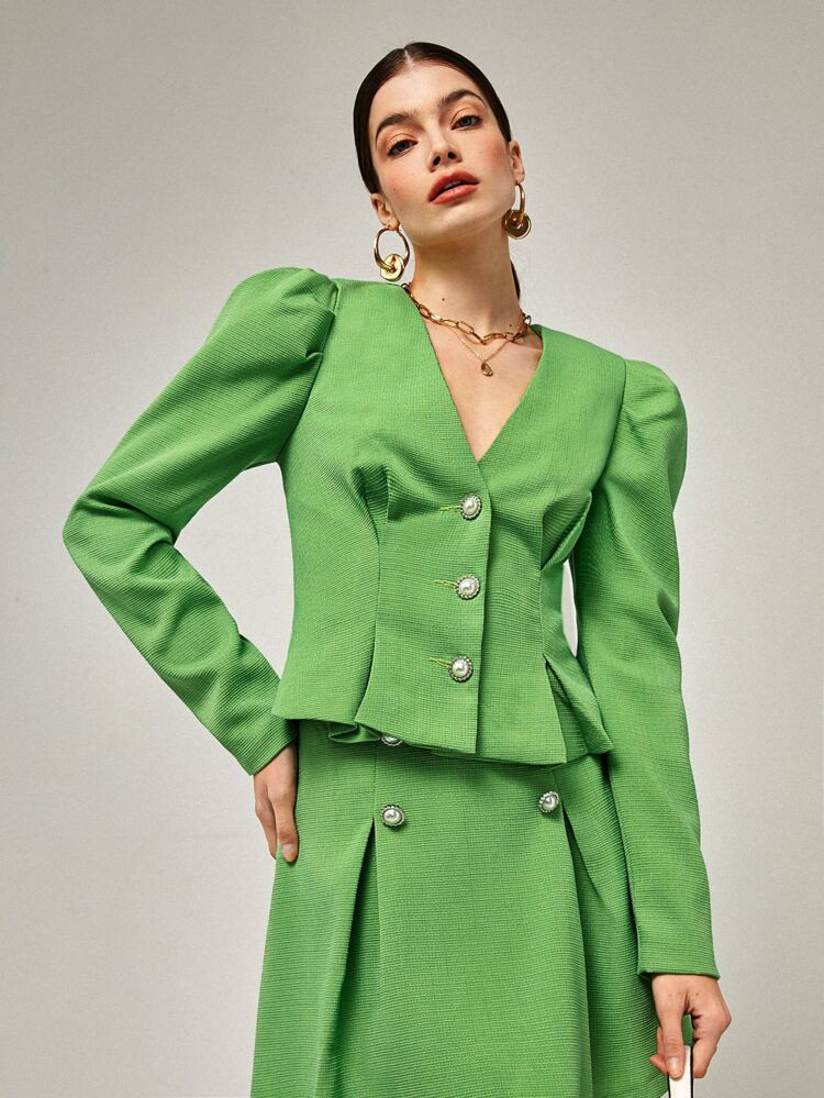 SHEIN BIZwear Veste manches bouffantes à bouton en tweed | SHEIN