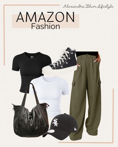 Casual outfit from Amazon! Green cargo wide leg pants, cropped white and black tshirts, oversized black purse, black baseball cap and high top black converse sneakers! 

#LTKshoecrush #LTKfindsunder100 #LTKstyletip