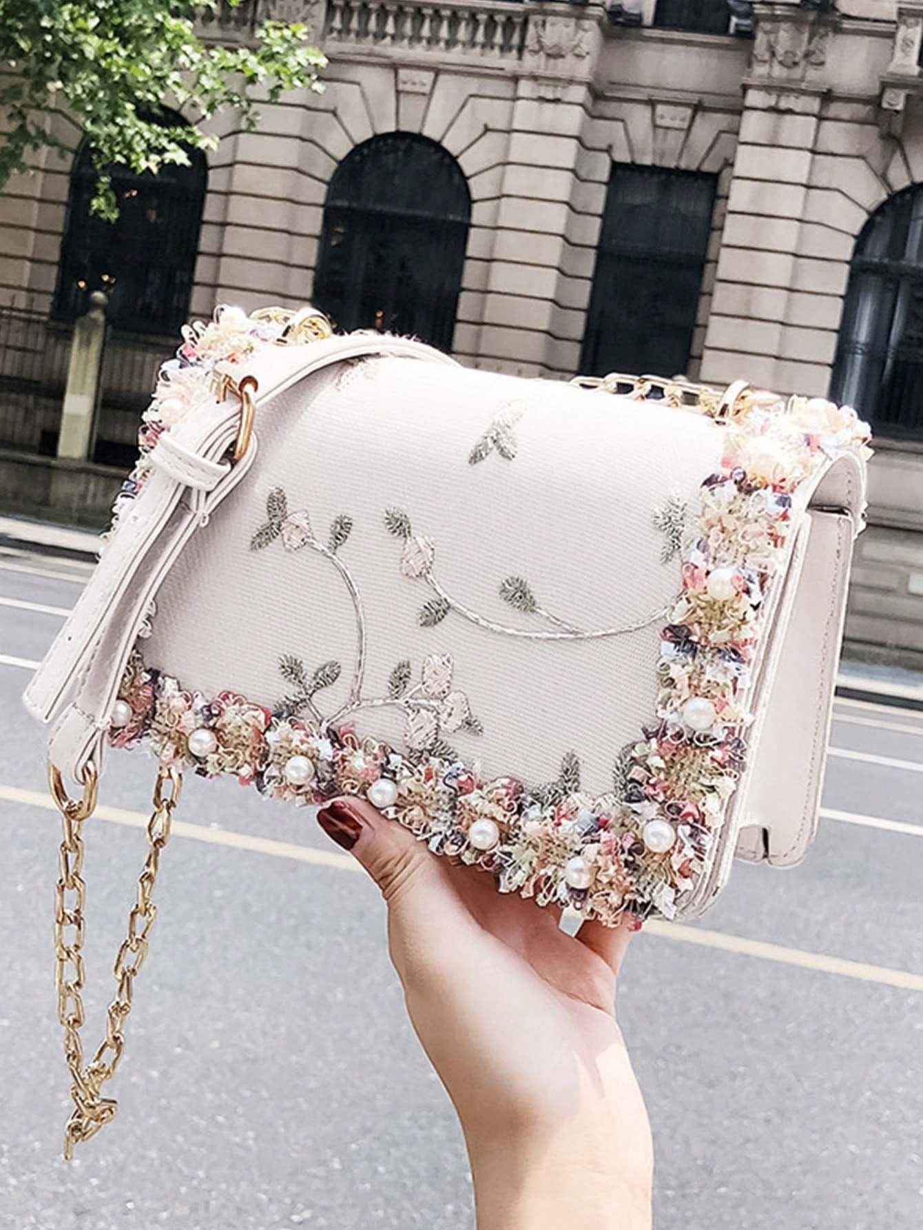 Faux Pearl Decor Square Bag Flower Embroidered Small | SHEIN USA | SHEIN