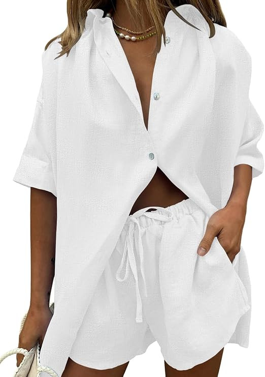 Fixmatti Women 2 Piece Outfits Long Sleeve Button Down Blouse and Shorts Sweatsuit Sets | Amazon (US)