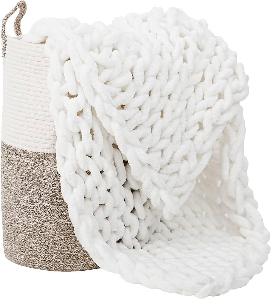 Bedfolks Chunky Knit Blanket Throw - White Jumbo Chenille Yarn 100% Hand Knit, Soft and Fluffy Ch... | Amazon (US)