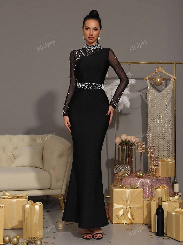 Modphy New Sexy Pearl Decor Mesh Patchwork Long Sleeve Bodycon Bandage Dress, Elegant For Party, ... | SHEIN