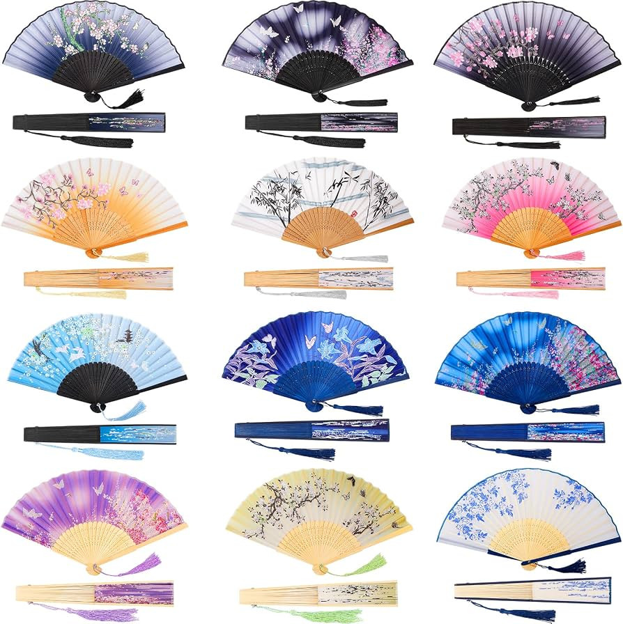 Jetec 12 Pieces Floral Folding Hand Fans Chinese Style Bamboo Folding Fan Vintage Pattern Hand Fa... | Amazon (US)