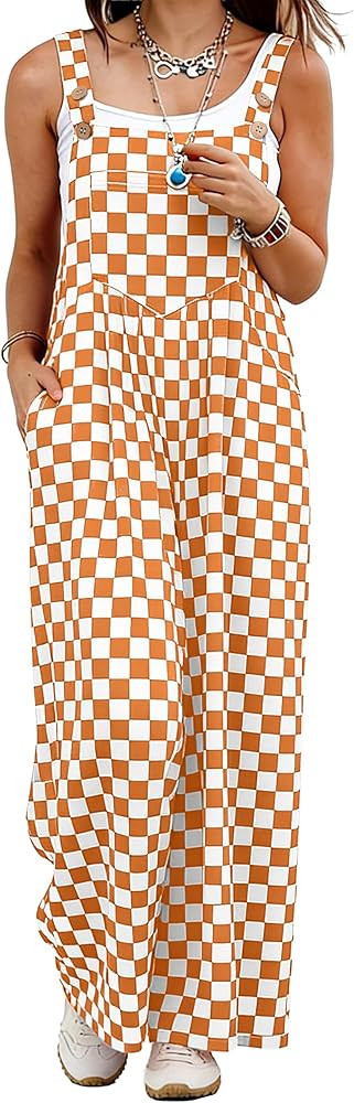 IWOLLENCE Women's Loose Checkered Overalls Wide Straight Leg Jumpers and Rompers Y2K Sleeveless J... | Amazon (US)