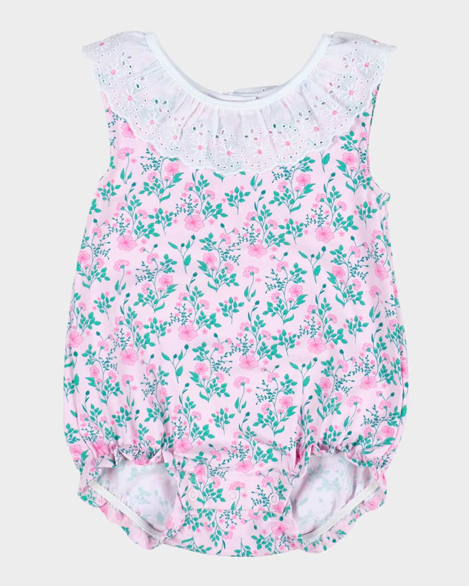 Girl's Eyelet Collar Floral-Print Romper, Size 3M-24M | Neiman Marcus