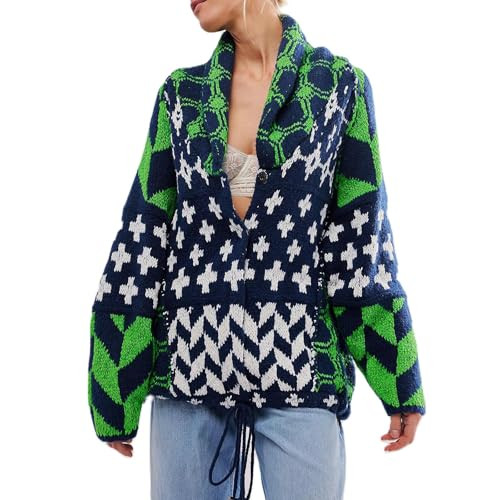 Y2k Oversized Button Down Cardigans for Women Fall Boho Cardigan Shawl Collar Sweater Coats Graphic Printed Sweaters (US, Alpha, One Size, Regular, Regular, Green) | Amazon (US)