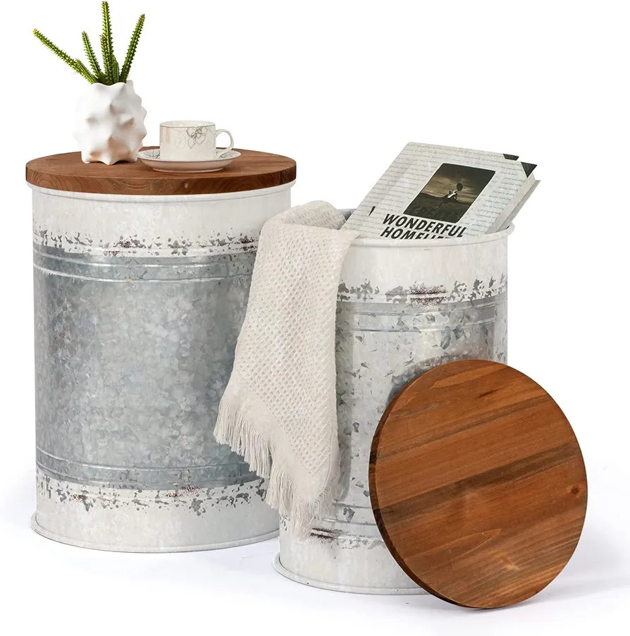 Poofzy Farmhouse End Tables Set of 2, Galvanized Metal Decor Side Table with Wood Lid, Coffee Tab... | Amazon (US)