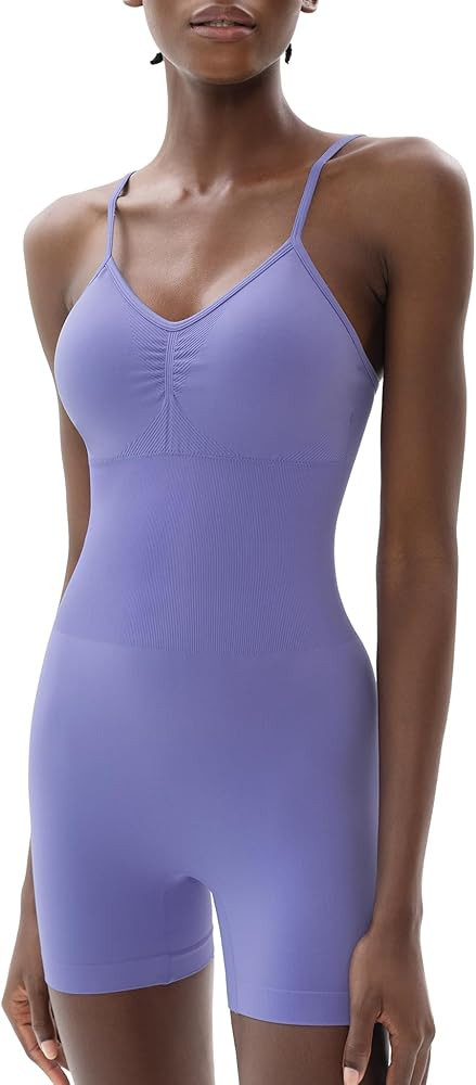 PUMIEY Women's V Neck Spaghetti Strap Jumpsuits Seamless Workout Unitard Rompers Power Collection | Amazon (US)