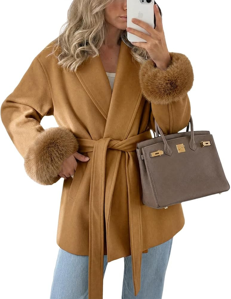 Cicy Bell Womens Winter Wrap Pea Coat Faux Fur Lapel Belted Overcoat | Amazon (US)