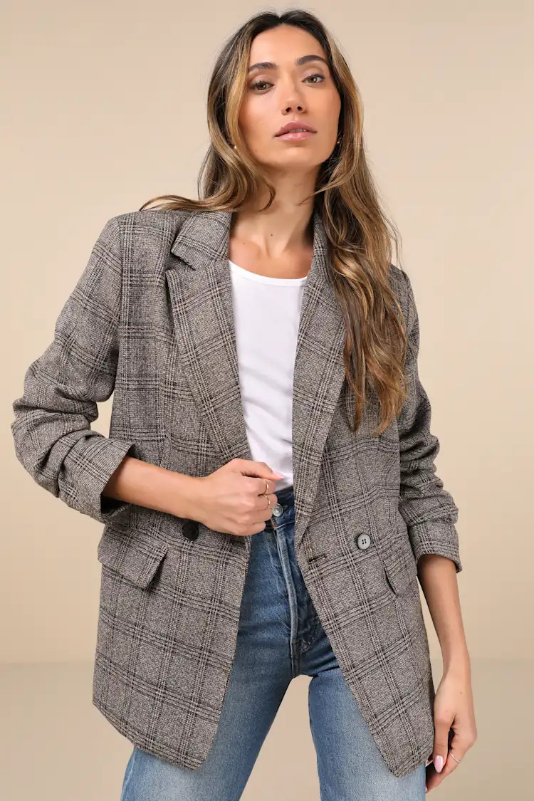 Seasoned Chicness Brown Plaid Tweed Oversized Blazer | Lulus