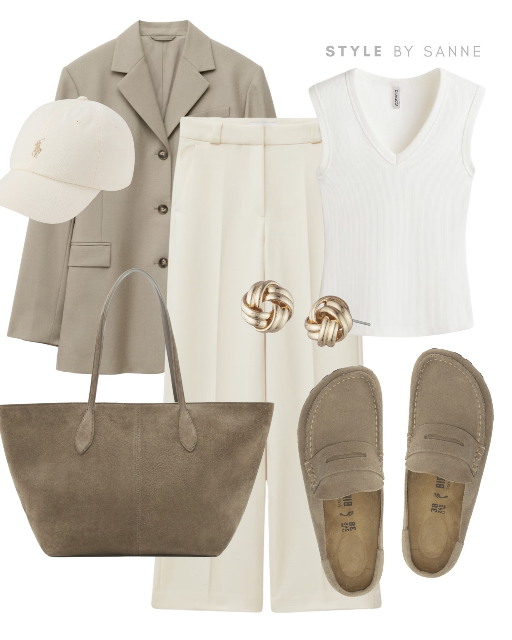 Soft beige tones and clean white pieces create a calm, refined look. The tailored blazer and trousers feel polished, while the loafers, cap and suede tote add an effortless everyday touch.🤍

#LTKstyletip #LTKworkwear #LTKspring