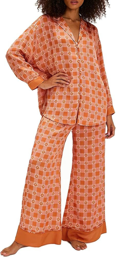 Women Satin Pajama Set Floral Silk Pajamas 2 Piece Lounge Sets Button Down Shirts Wide Leg Pants ... | Amazon (US)