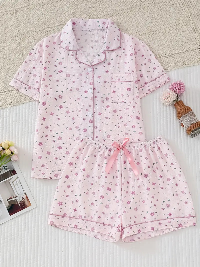 Ditsy Floral Print Textured Pajama Set, Sweet Short Sleeve Buttons Lapel Top & Bow Shorts, Women'... | Temu Affiliate Program