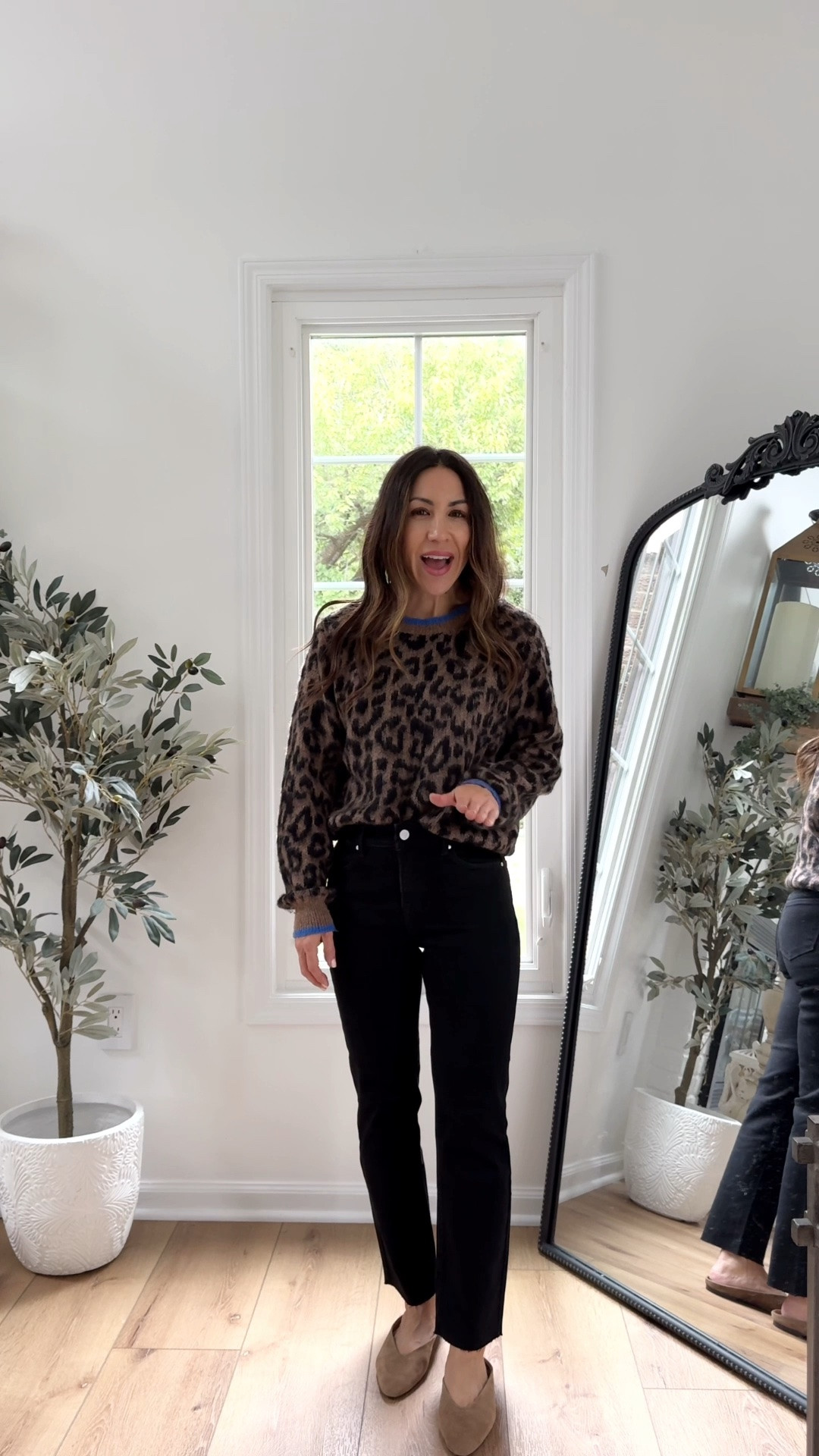 Leopard sweater small. Black jeans, 25.