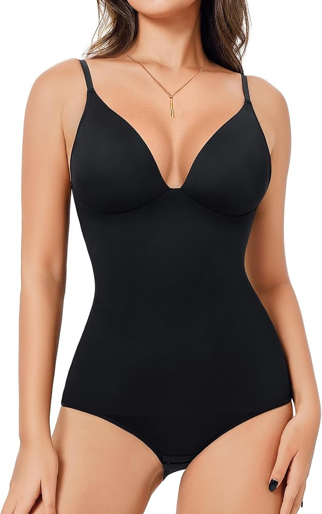 Irisnaya Women's Plunge Deep V Neck Bodysuits with Built in Bra Sleeveless Double Lined Body Suit... | Amazon (US)