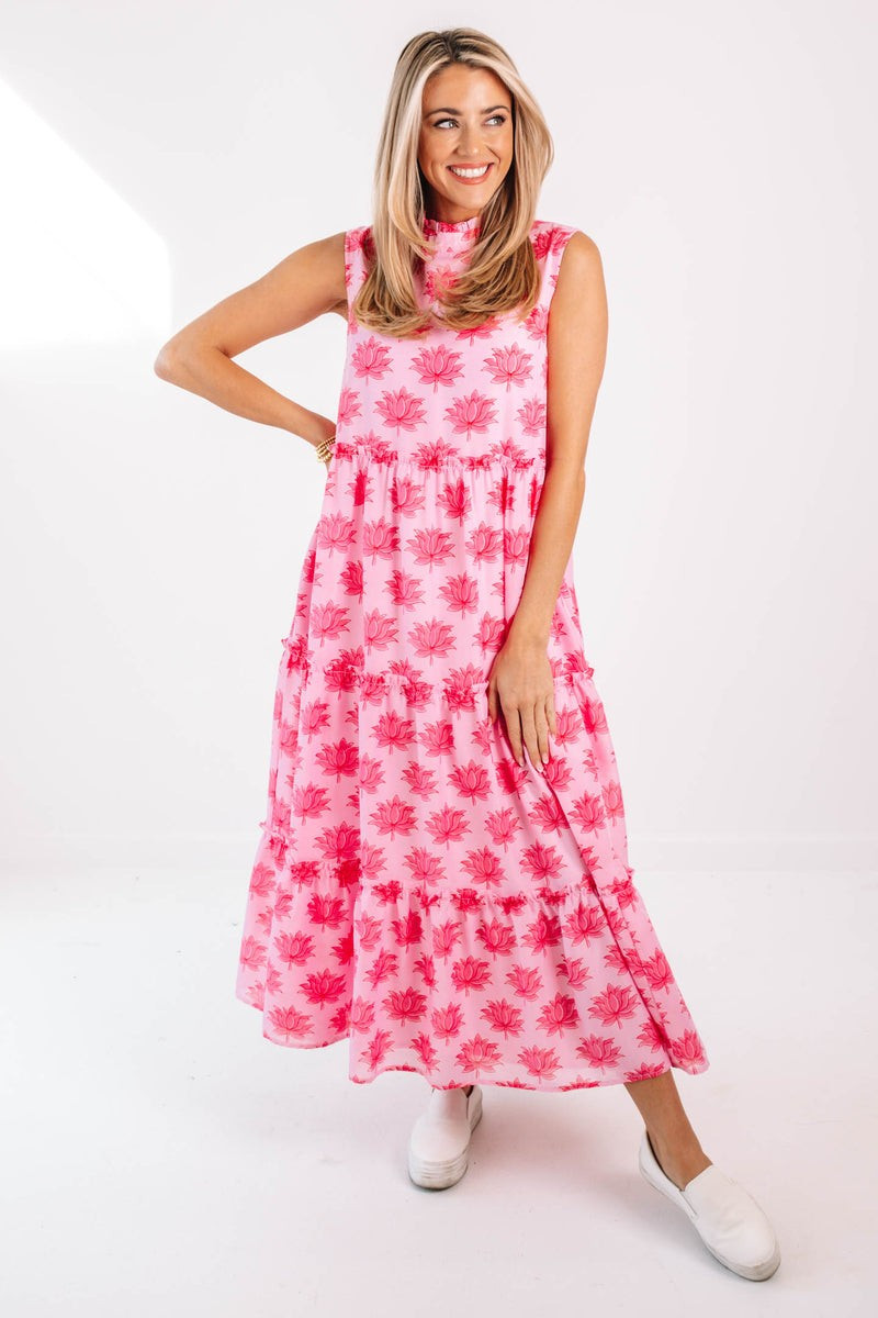 The Elsie Ruffle Neck Midi Dress - Light Pink | The Impeccable Pig