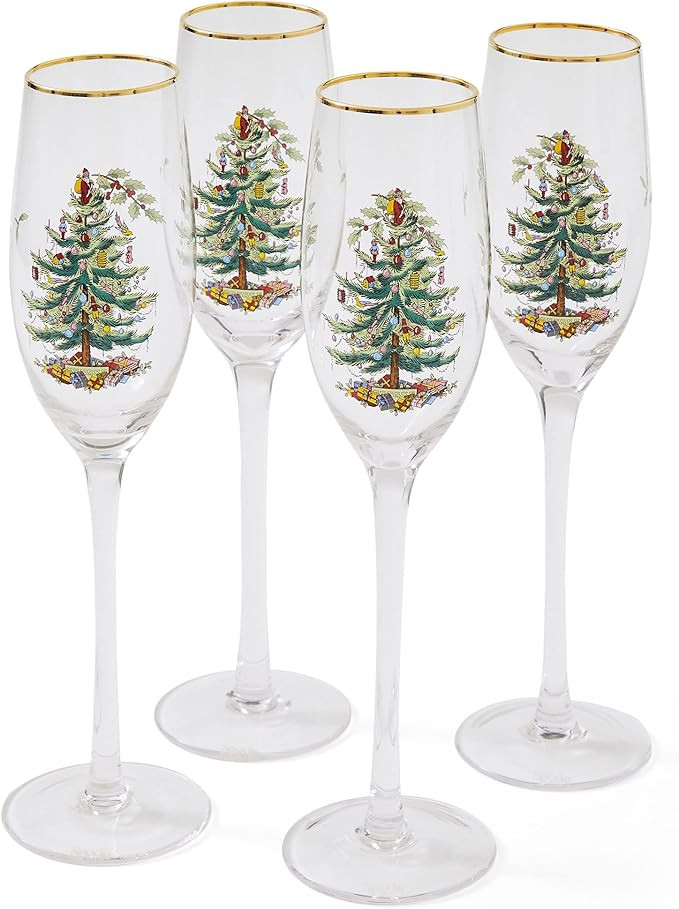 Spode Christmas Tree Gold 8.5oz Champagne Flutes (Set of 4) - Gold Rimmed Glasses, Festive Holida... | Amazon (US)