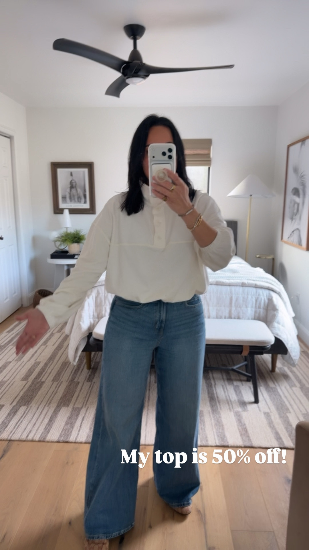 Top size large, jeans size 8 (they run big so be sure to size down if you are between sizes). 

#LTKootd #LTKWorkwear #LTKSaleAlert