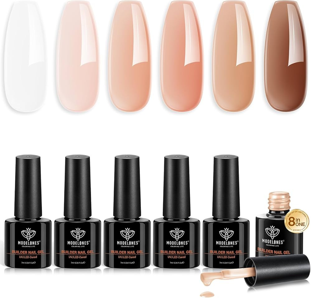 modelones Builder Nail Gel 8-in-One, 6 Colors Gel Builder Set for Nail Thickening, Nude Brown Har... | Amazon (US)