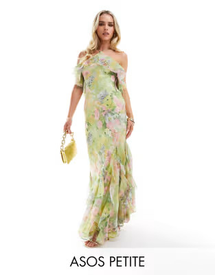 ASOS DESIGN Petite ruffle halter bias maxi dress with ruffle hem in green floral print | ASOS (Global)