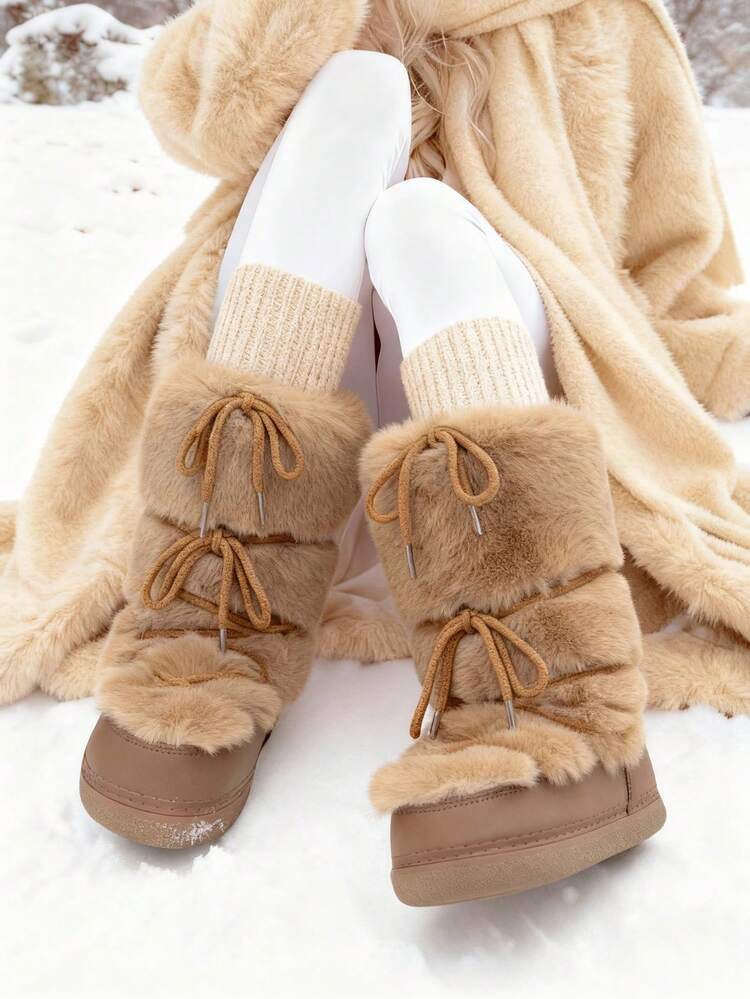 Knee High Boots For Women,Fuzzy Flat Round Toe Rhinestone Lace-Up Slip On Warm Shoes Winter Outdoor Party Chirstmas And Halloween Snow Boots | SHEIN