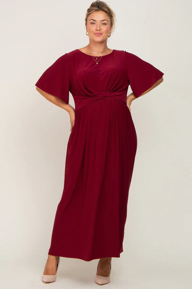 Burgundy Gathered Front Maternity Plus Maxi Dress | PinkBlush Maternity