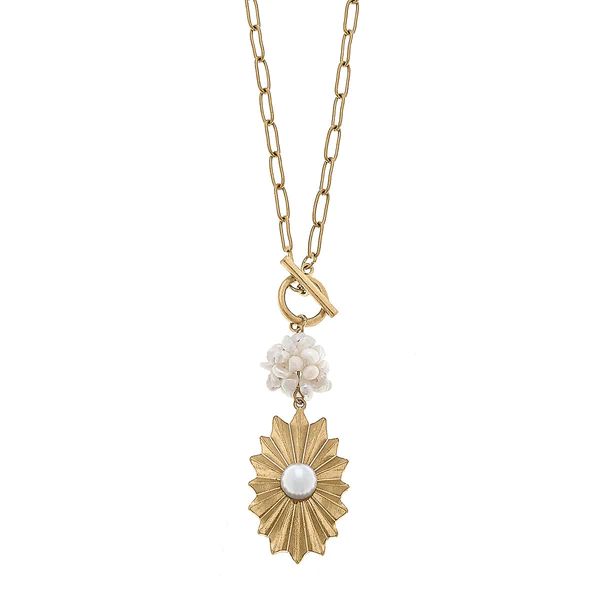 Bijou Sunburst Rosette & Pearl Cluster Pendant T-Bar Necklace in Worn Gold | CANVAS
