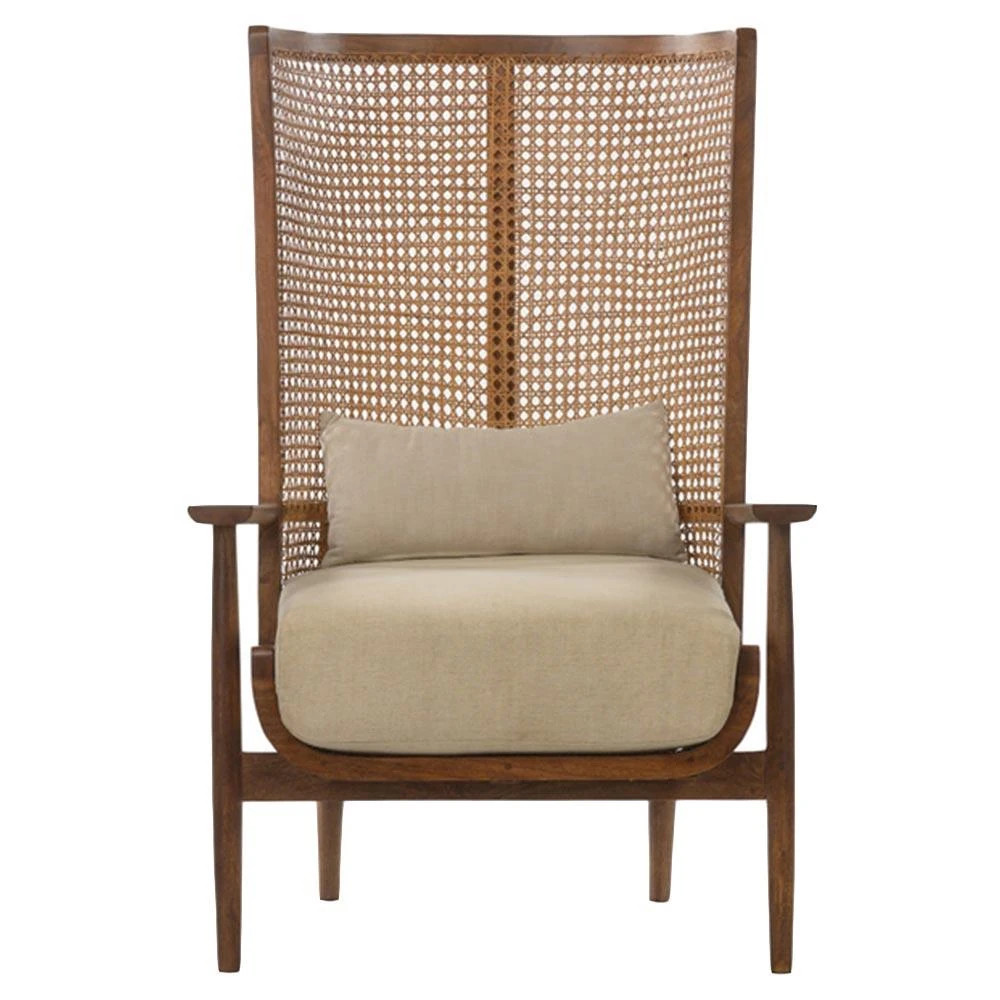 Naomi Coastal Beach White Cushion Brown Mango Wood Cane Wing Chair | Kathy Kuo Home