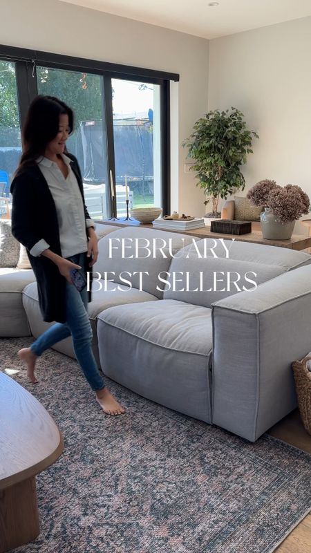 February best sellers. Modular motion, gray sofa, sectional, wood, consul table, marble tray, kitchen styling, brass pepper, milk, olive oil, Barrel, chairs, upholstered, accent chair, brass faucet, vanity, black mirror. Brass, sconce, pinch pots salt vase, branches, greenery, marble coffee table amber, Interiors rug hydrangeas, green ottoman

#LTKsalealert #LTKhome #LTKfindsunder50