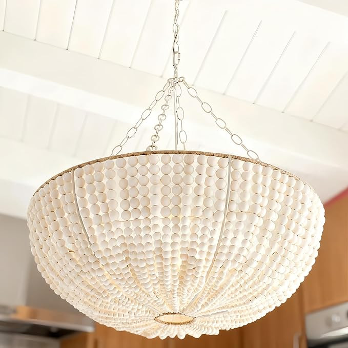 30 Inch Boho Wood Bead Chandelier, 2-Light Farmhouse Hand-Made Light Fixtures, Oak White Retro Vi... | Amazon (US)