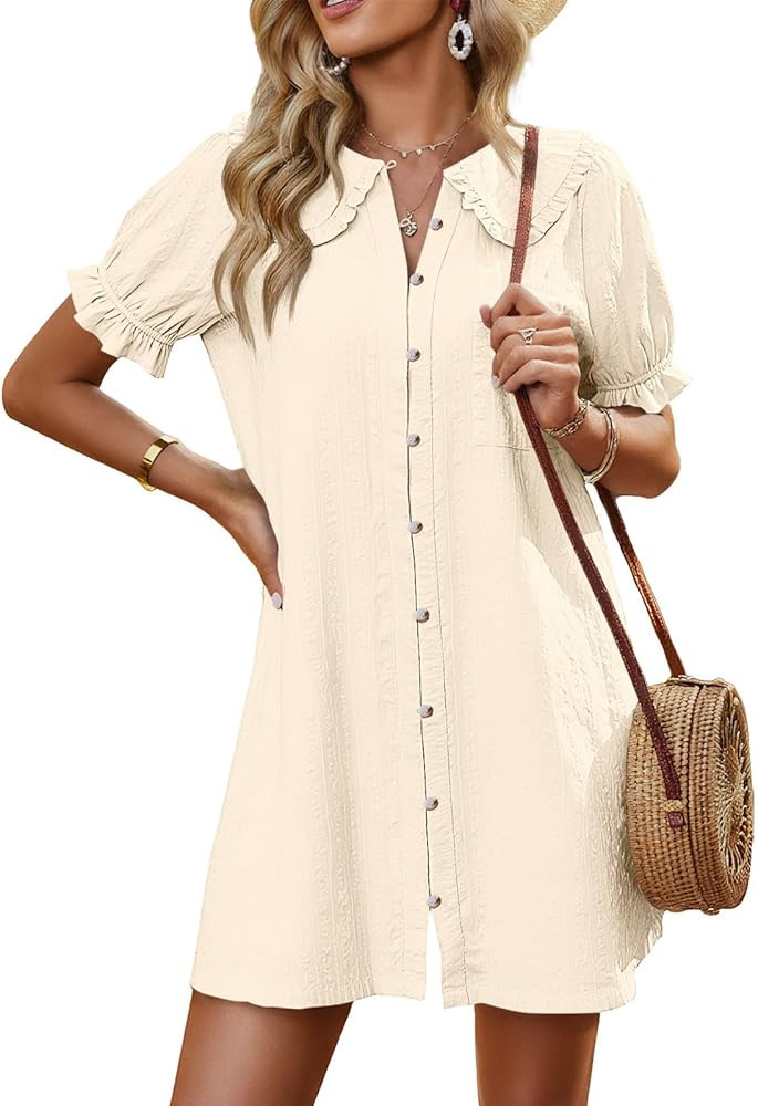 Cicy Bell Womens Puff Sleeve Peter Pan Collar Mini Shirt Dress Button Down Summer Casual Textured... | Amazon (US)