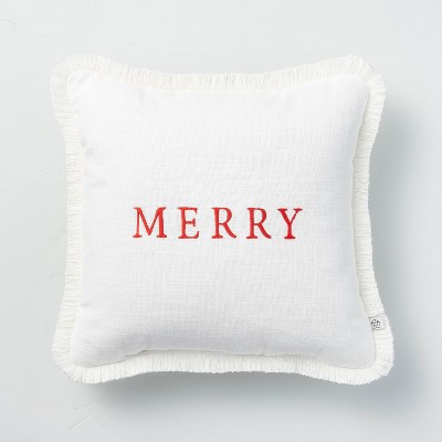 14" x 14" Merry Embroidered Seasonal Throw Pillow Red/Cream - Hearth & Hand™ wi... | Target