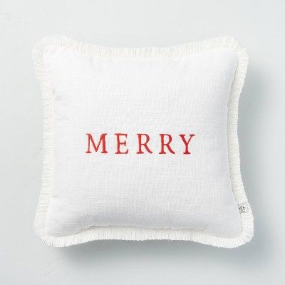 14" x 14" Merry Embroidered Seasonal Throw Pillow Red/Cream - Hearth & Hand™ with Magnolia | Target