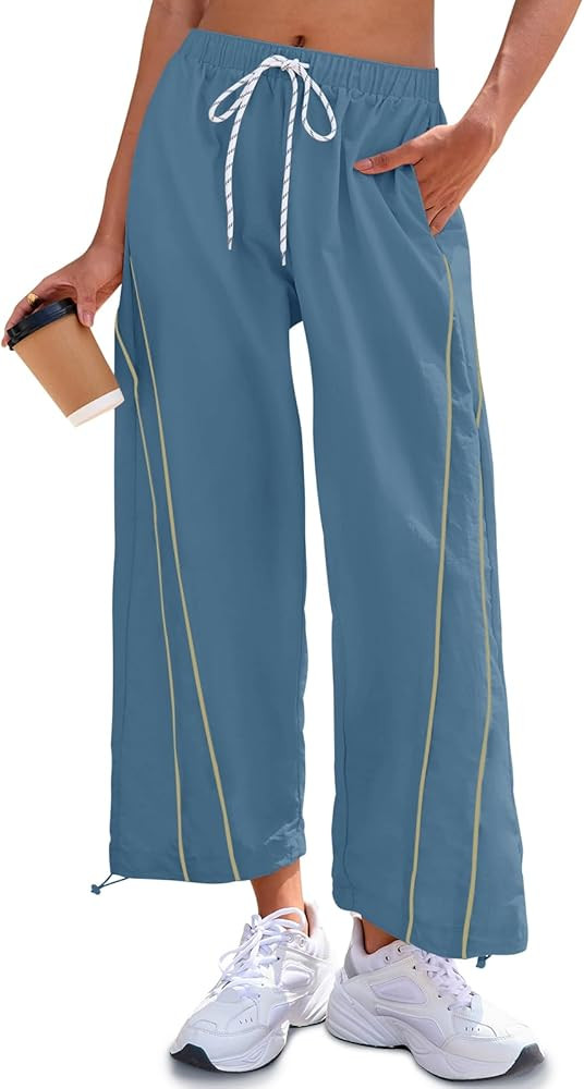 Fisoew Womens Baggy Wide Leg Pants Casual Elastic Waist Drawstring Hiking Workout Cropped Track P... | Amazon (US)