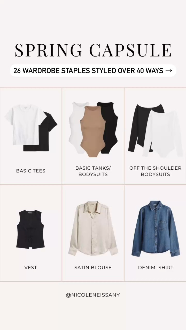 2025 Spring Capsule Wardrobe Staples: basic tees/t-shirts, basic tanks/sleeveless bodysuits, off the shoulder tops/bodysuits, tie front vest, cardigan, satin blouse, denim shirt, satin dress, blazer, leather jacket, long skirt, tailored pants, denim jeans, white denim, white jeans, light wash jeans, light wash denim, medium wash jeans, medium wash denim, trench coat, sneakers, ballet flats, strappy heels/sandals, slingback heels, kitten heels, spring tops, spring skirts, spring jeans, spring jackets, spring outerwear, spring shoes, 2025 spring trends, 2025 spring fashion trends, neutral capsule wardrobe, minimalist capsule wardrobe, spring outfits

#LTKSpring 

#LTKPetite #LTKTravel #LTKSaleAlert #LTKShoeCrush #LTKWorkwear #LTKFindsUnder100 #LTKStyleTip #LTKFindsUnder50 #LTKSeasonal