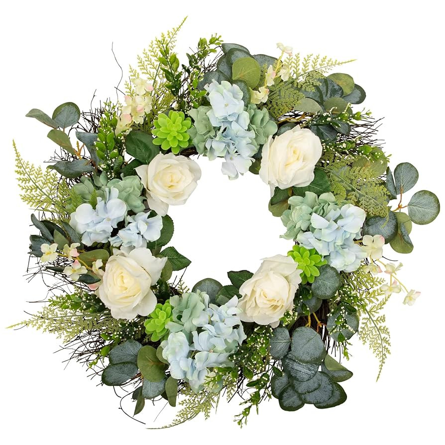 Northlight Hydrangea Rose and Geranium Artificial Floral Spring Wreath White and Blue, 24", White | Amazon (US)