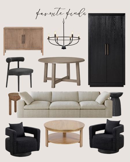 Amazon favorite finds:
Cream sofa modern. Natural wood coffee table. Natural wood side table. Black side table modern. Natural wood round dining table. Black dining chair modern. Black accent chair modern. Natural wood cabinet rustic. Black cabinet tall. Black chandelier traditional.

#LTKsalealert #LTKhome