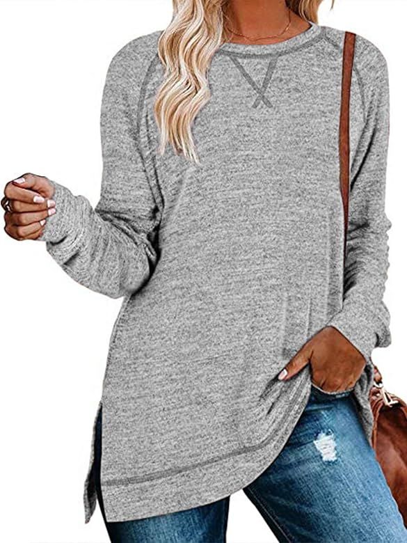TEMOFON Womens Long Sleeve Shirts Side Split Loose Casual Tunic Tops Pullover S-2XL | Amazon (US)