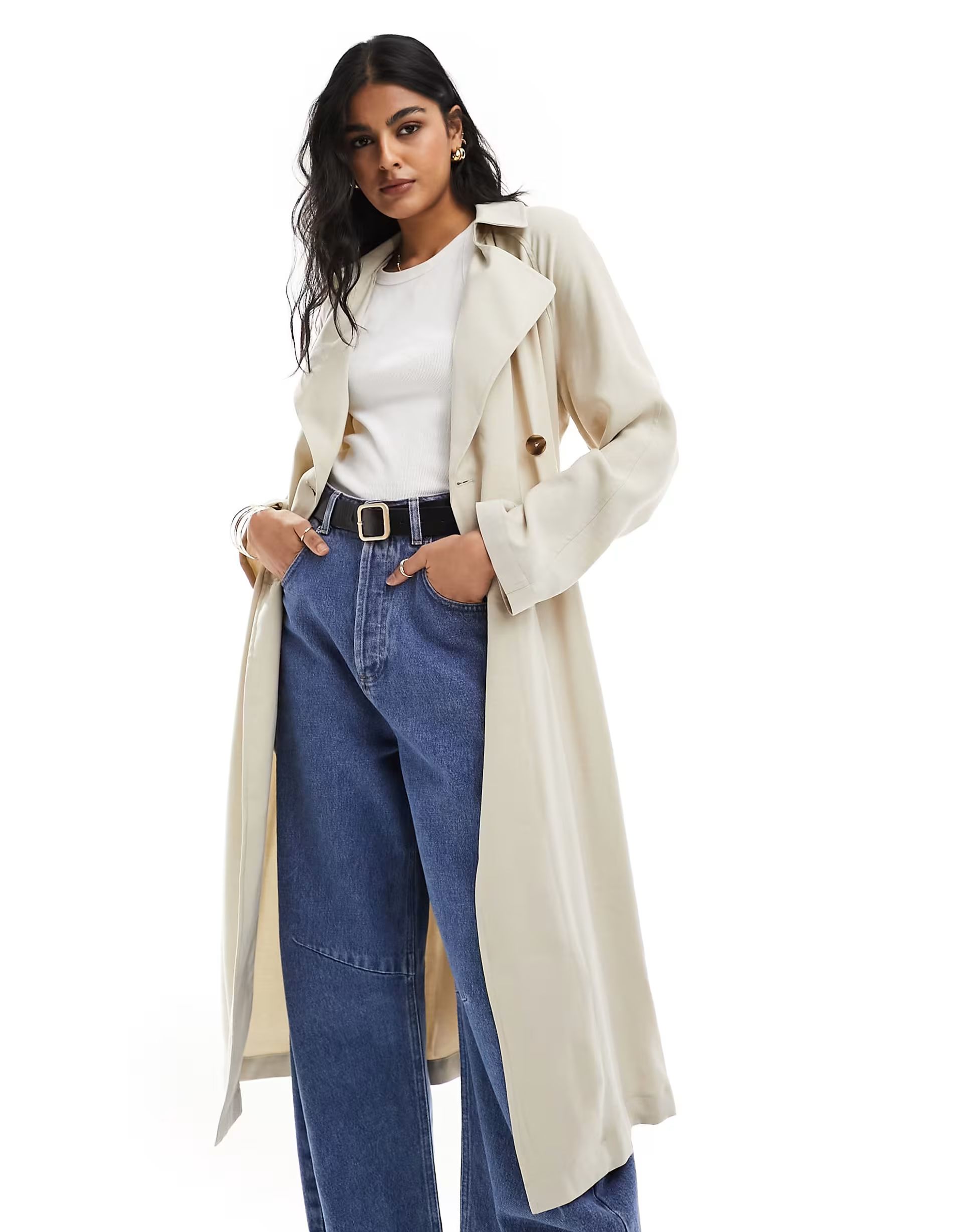 ASOS DESIGN soft midi trench coat in stone | ASOS (Global)