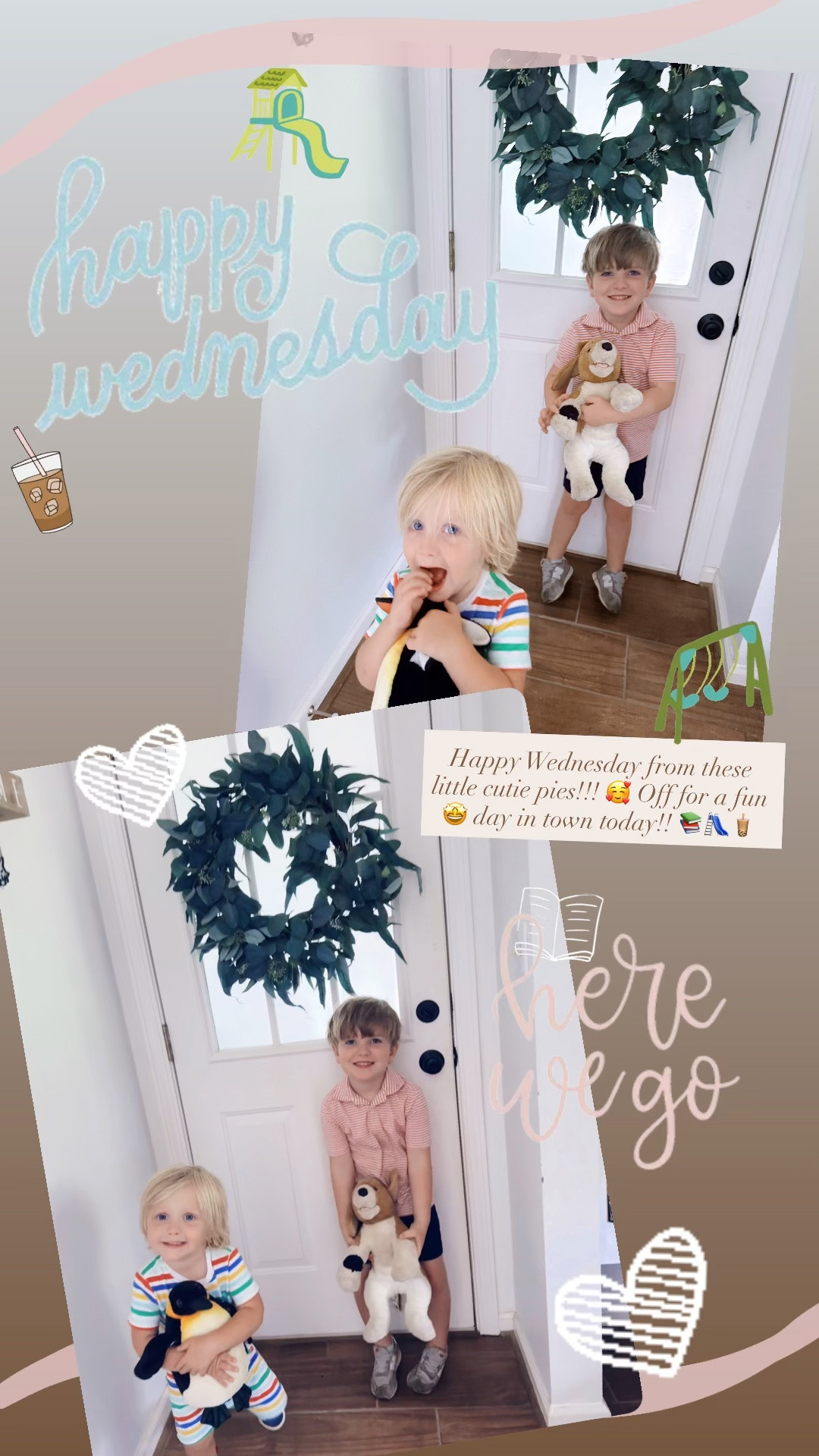 Happy Wednesday from these little cutie pies!!! 🥰 Off for a fun 🤩 day in town today!! 📚🛝🧋