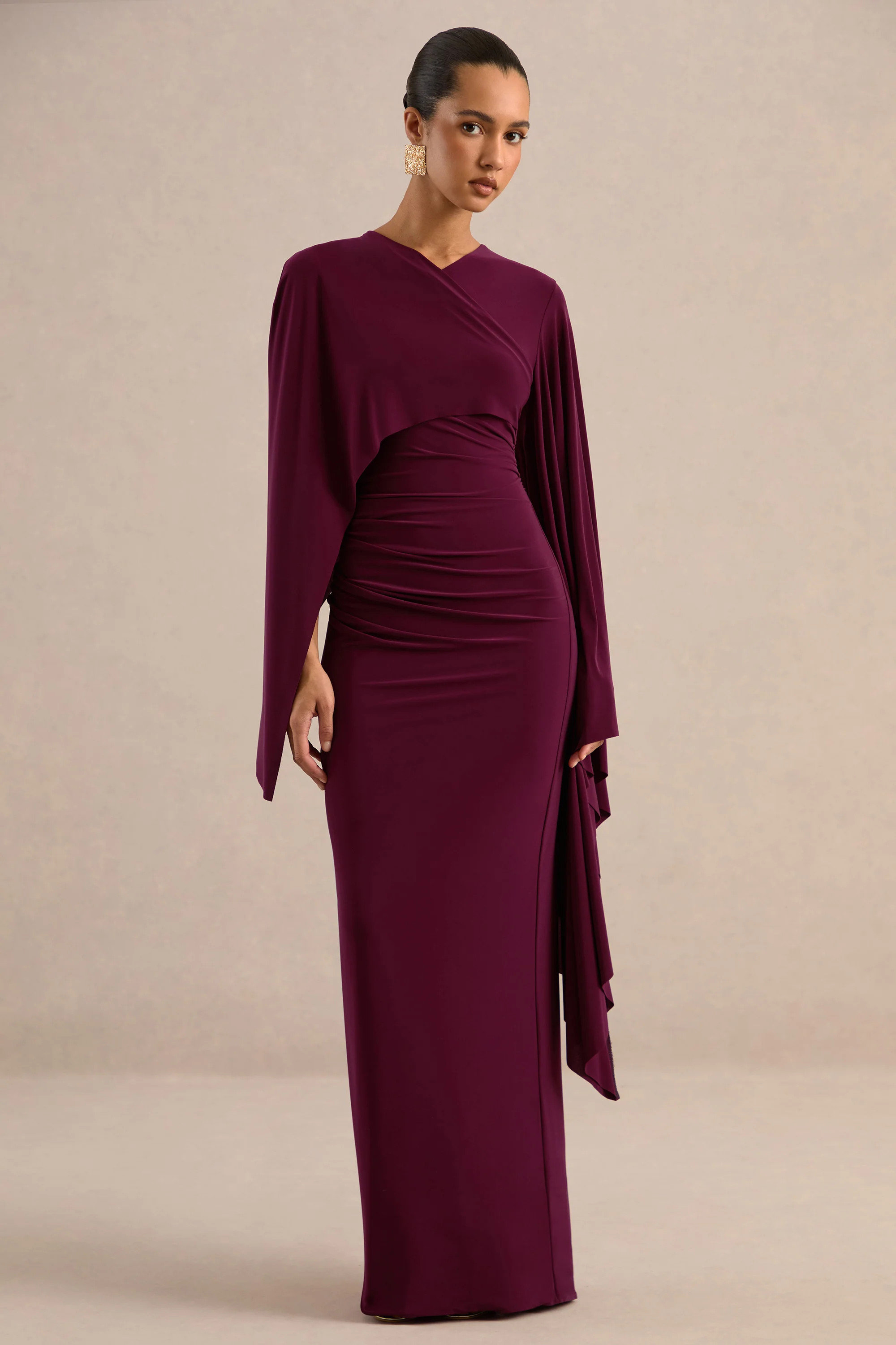 Fervora | Burgundy Round-Neck Maxi Dress With Gathered-Detailing And S | Club L London
