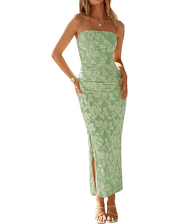 ZESICA Womens 2026 Summer Floral Strapless Maxi Dress Bodycon Side Slit Mesh Formal Cocktail Part... | Amazon (US)