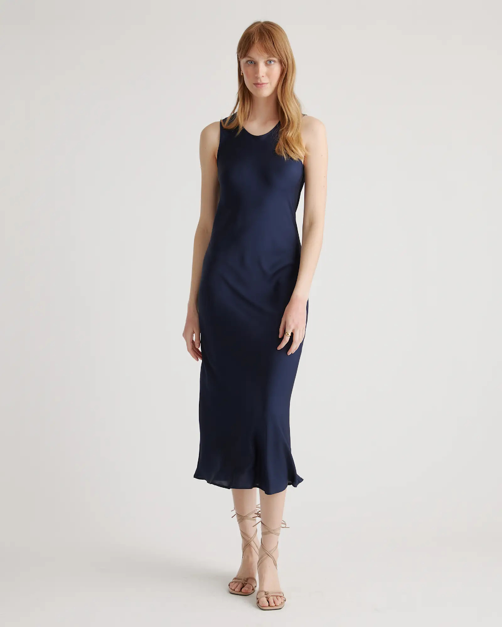 Washable Stretch Silk Tank Midi Dress in Navy | Quince