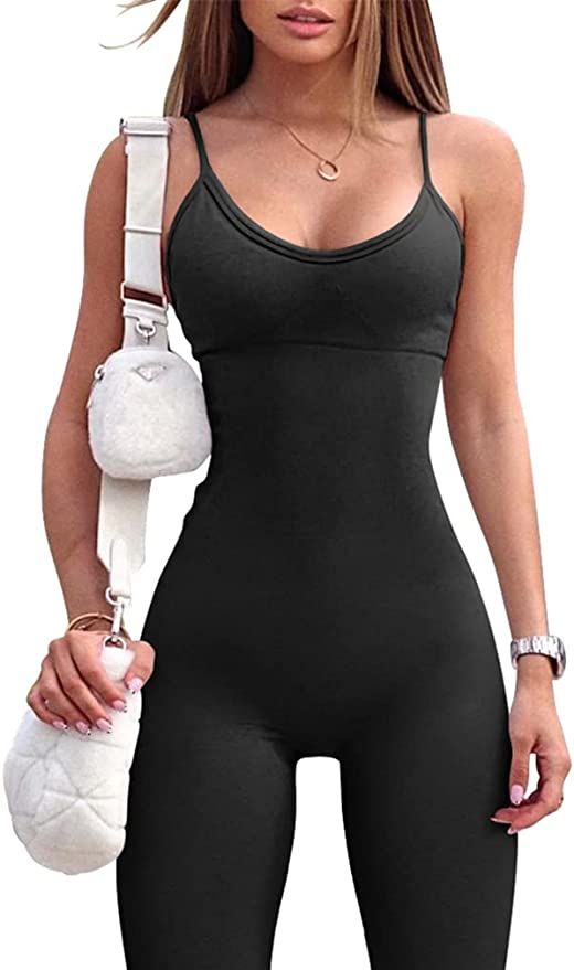 OQQ Womens Seamless Spaghetti Strap Leisure Yoga Workout Gym Leggings Padded Bra Jumpsuit | Amazon (US)