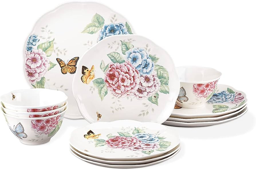 Lenox Dinnerware Set, Butterfly Meadow Hydrangea 12-Piece Set, Service For 4, Made From Ceramic P... | Amazon (US)