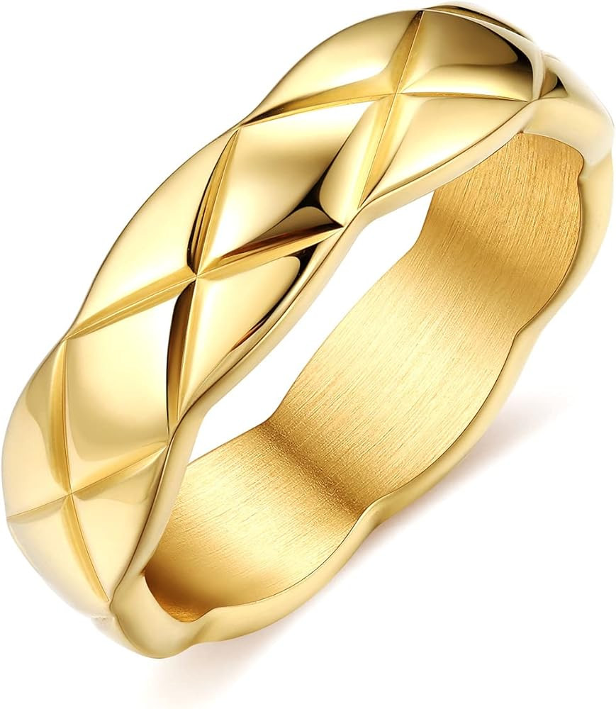 FOCALOOK Crush Bands Ring for Women Yellow Gold Plated 6MM Wide Wedding Promise Stacking Rings, S... | Amazon (US)