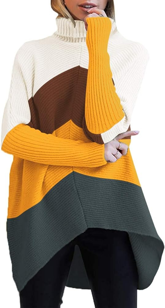 Womens Turtleneck Long Batwing Sleeve Asymmetric Hem Casual Pullover Sweater Knit Tops | Amazon (US)